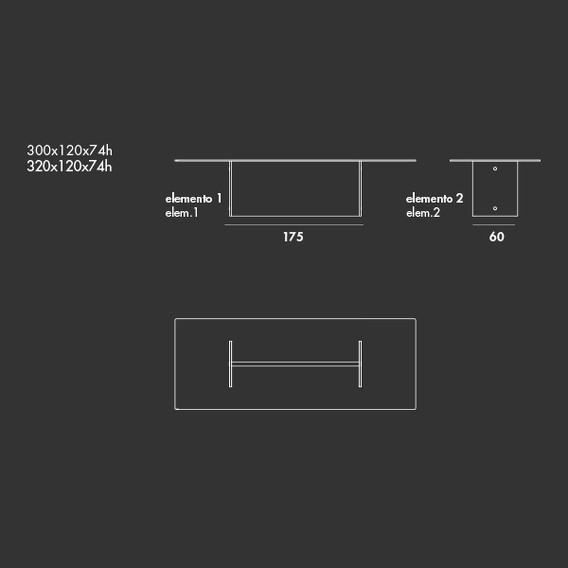 Regolo Double Base Table by Sovet, size drawing