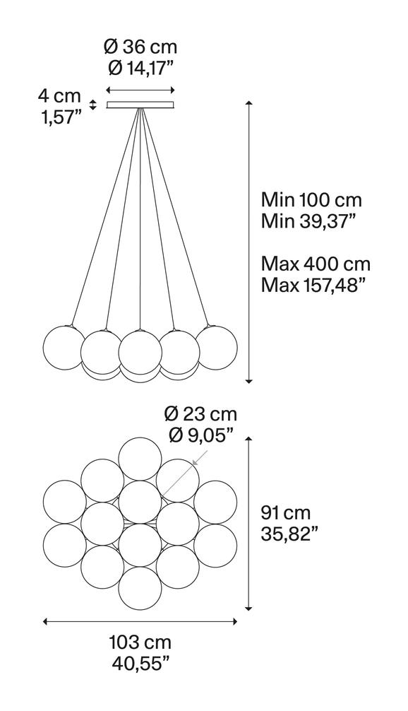 Random Cloud Pendant Lamp by Lodes, size drawing: Random Cloud 14 Lights Ø23