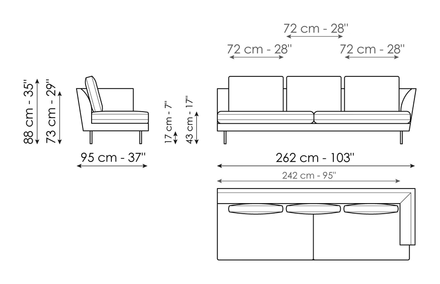 Lars Sofa by Bonaldo, size drawing: End section sofa 262