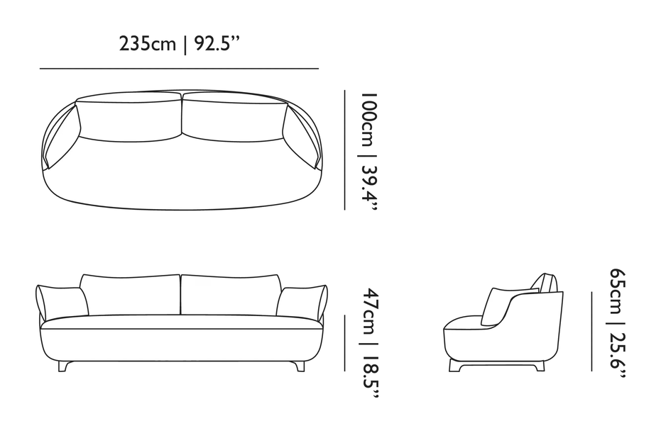 Bart Sofa by Moooi, size drawing: Canape Sofa