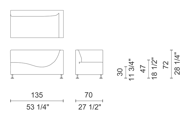Three Sofa de Luxe by Cappellini, size drawing: TSA5