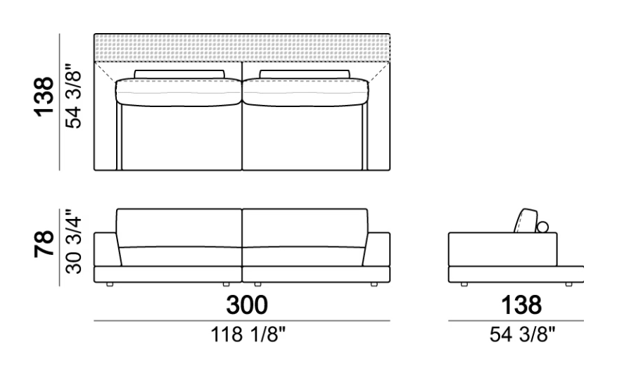 Plat Sofa by Arketipo, size drawing: Sofa with back plat - depth 138 cm