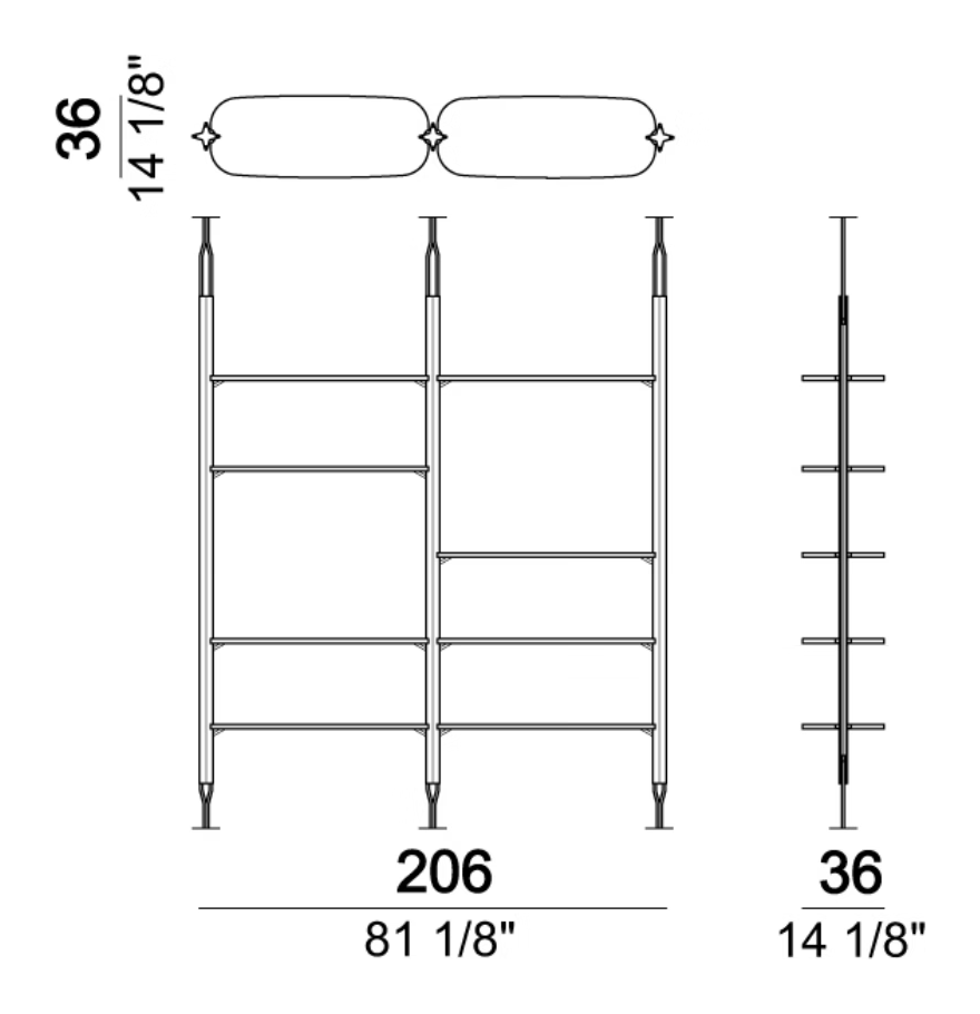 More Bookcase by Arketipo, size drawing: 3 uprights + 8 shelves 100 cm