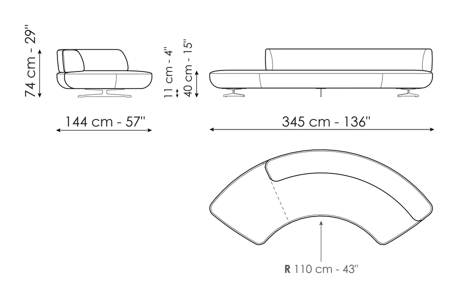 Grant Sofa by Bonaldo, size drawing: Semicircular 345