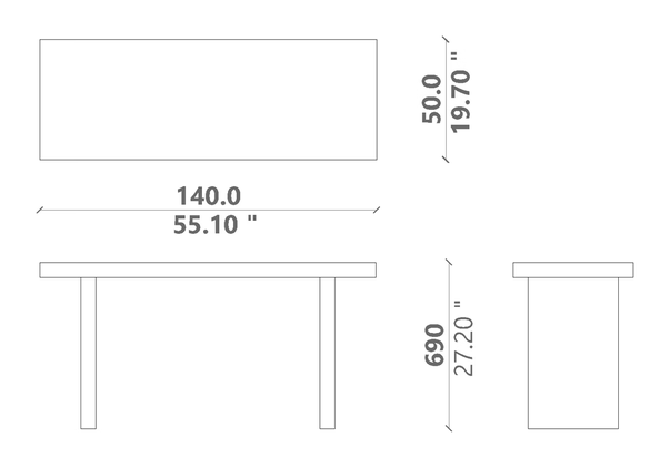 Herbie Console Table by Talenti, size drawing: 140 × 50 × H 69