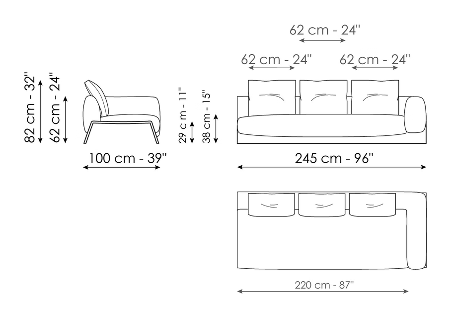 Boolean Sofa by Bonaldo, size drawing: End section sofa 245