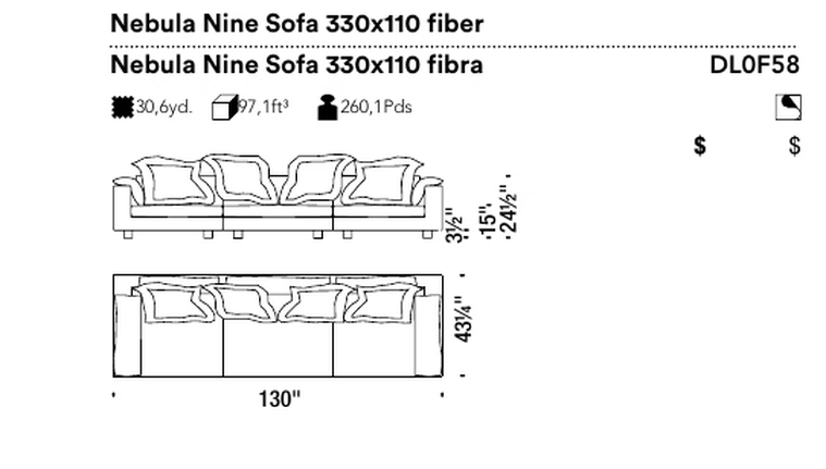 Nebula Nine Sofa by Moroso, size drawing: Nebula Nine Sofa 330x110 fiber