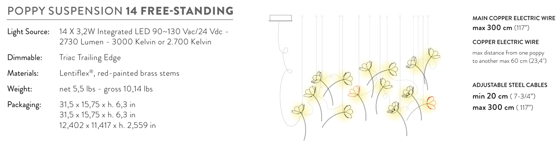 Poppy Pendant Lamp by Slamp, size drawing: Poppy Suspension 14 Free-Standing
