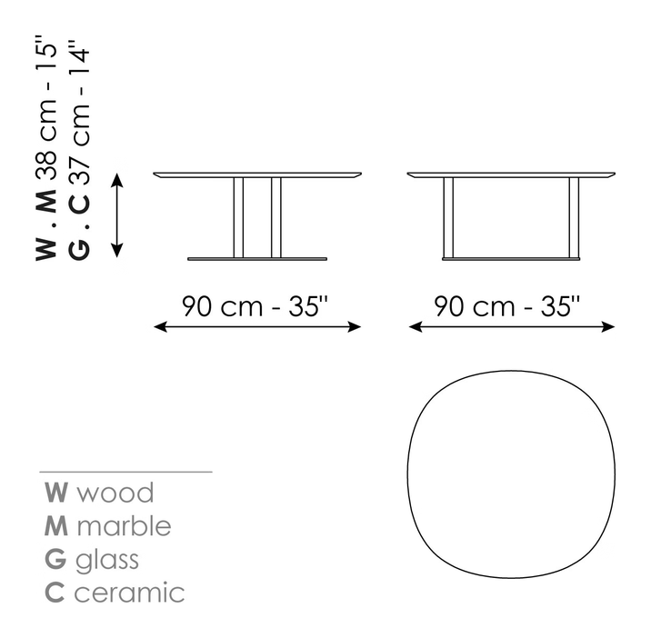 Isabey Coffee Table by Bonaldo, size drawing: Isabey 90 x 90