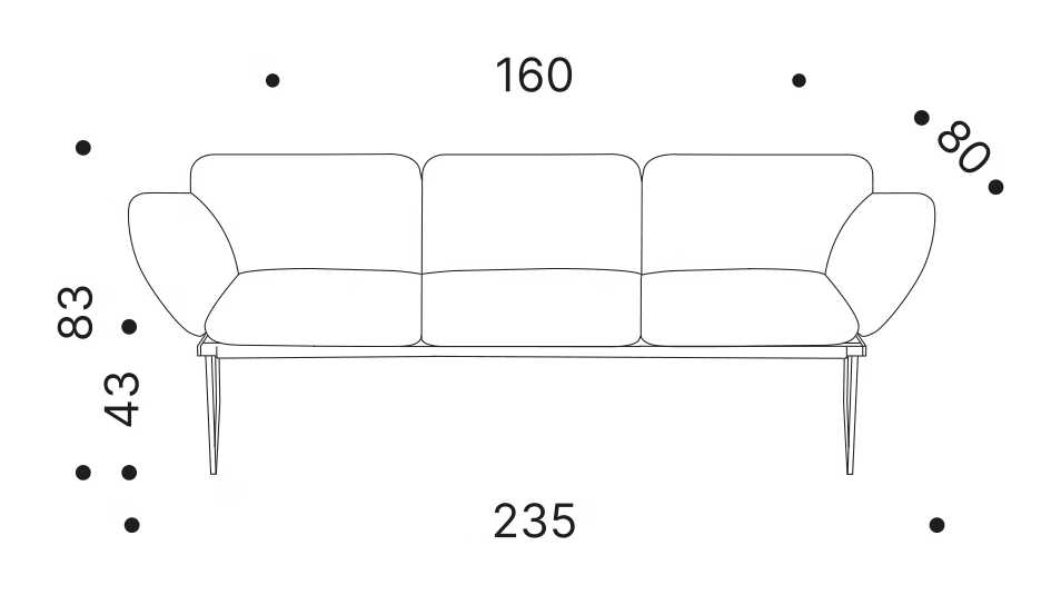 Elisa Sofa Sled Base by Driade, size drawing