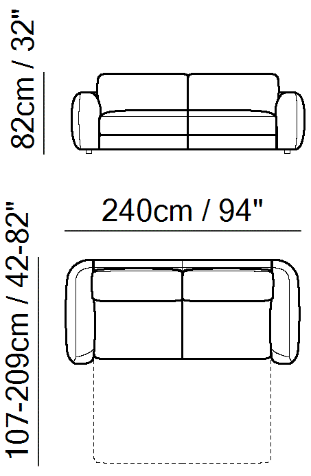 Simple Sofa Bed by Natuzzi Italia: Double sofa-bed, outline drawing with sizes
