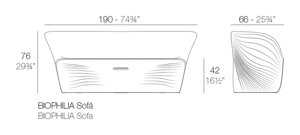 Biophilia Sofa by Vondom, size drawing