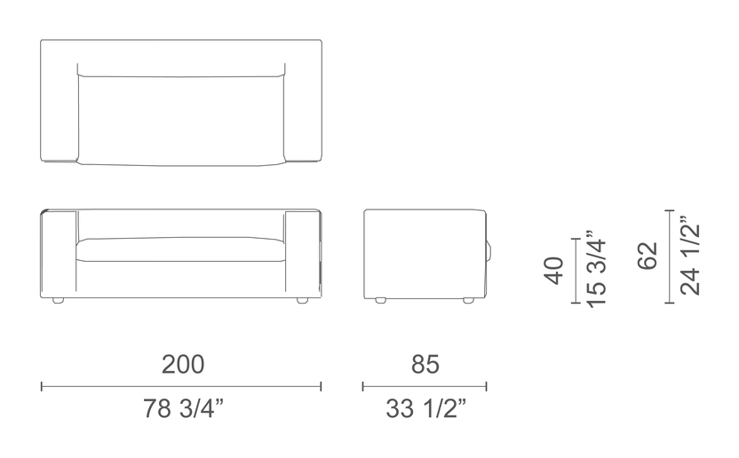 Cuba 25 Sofa-Bed by Cappellini, size drawing: CUS10