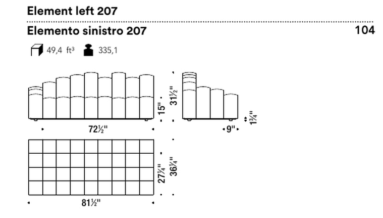 Do-Lo-Rez Sofa by Moroso, size drawing: Element left 207