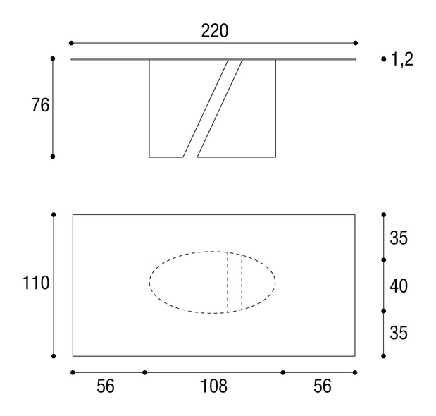 Wadi Dining Table by Lago, size drawing: 2515E