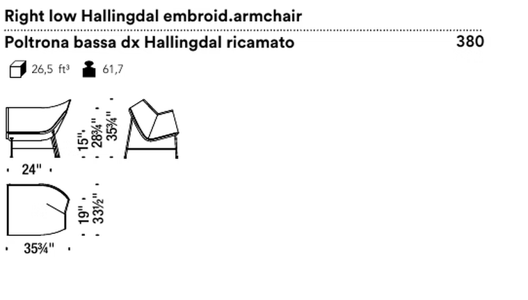 Paper Planes Armchair by Moroso, size drawing: Right low Hallingdal embroid.armchair