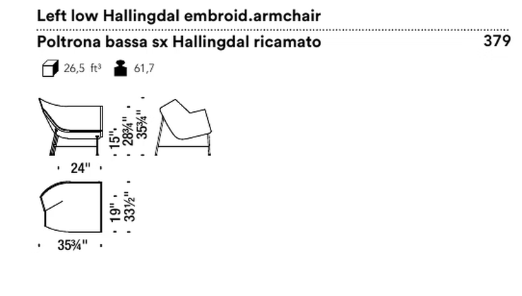 Paper Planes Armchair by Moroso, size drawing: Left low Hallingdal embroid.armchair