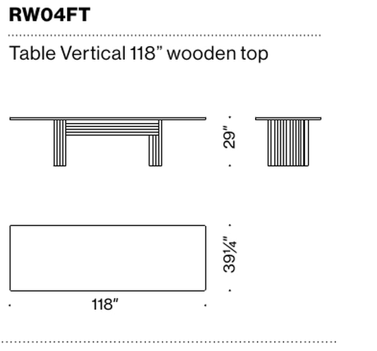 Rows Dining Table by Moroso, size drawing: Table Vertical 118” wooden top