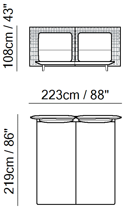 Campus Bed by Natuzzi Italia: Bed with split mesh 193X203, outline drawing with sizes