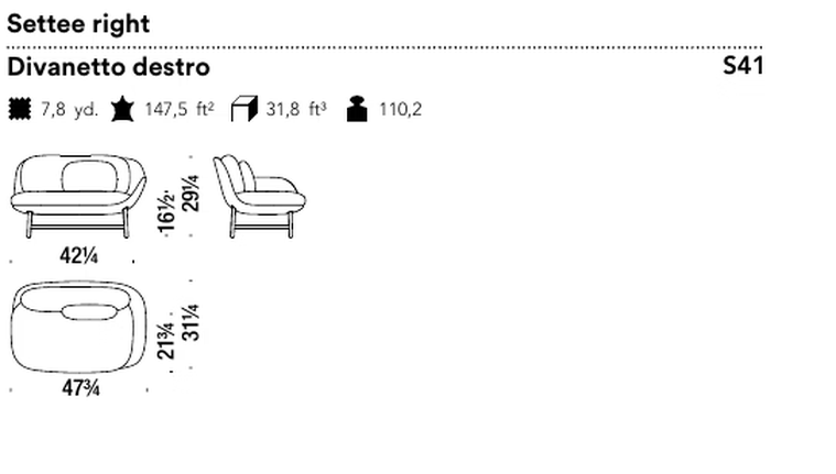 Ottoman Settee by Moroso, size drawing: Settee right