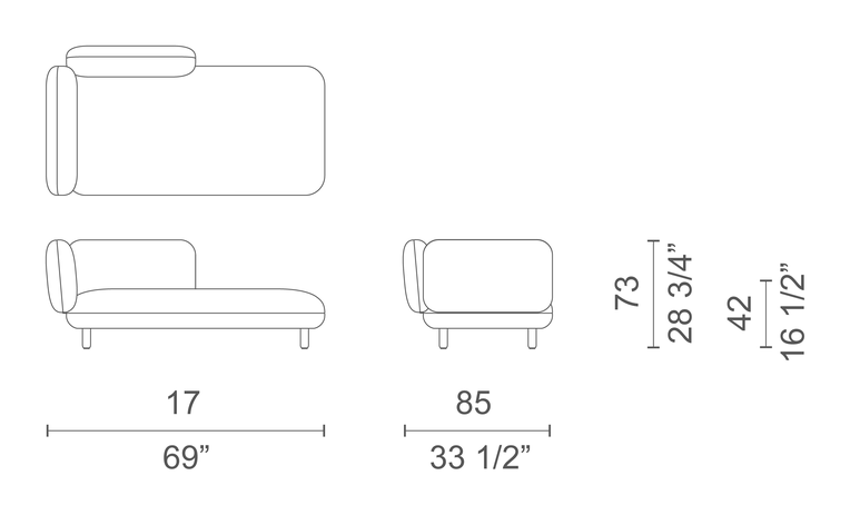 Hobo Contract Sofa by Cappellini, size drawing: HOB43
