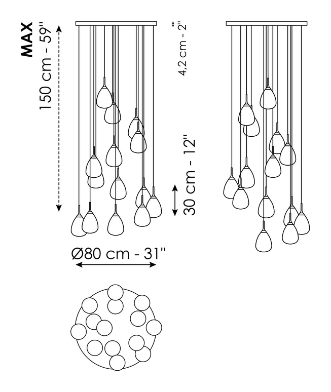 Gocce Pendant by Bonaldo, size drawing: Gocce - 14 lights