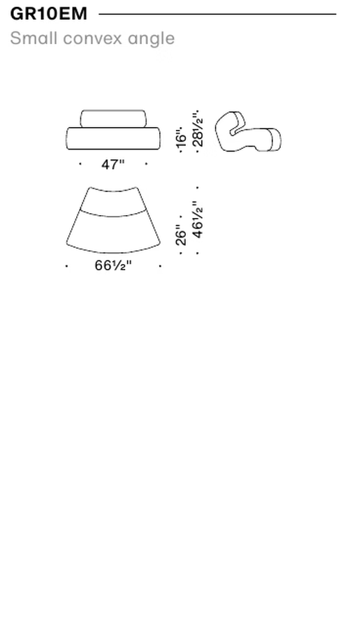 Gruuve Sofa by Moroso, size drawing: Small convex angle