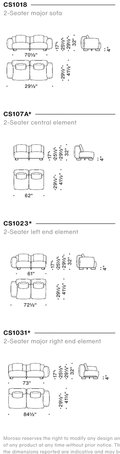 Cuadra-Soft Edge Sofa by Moroso, size drawing: 2-Seater major sofa