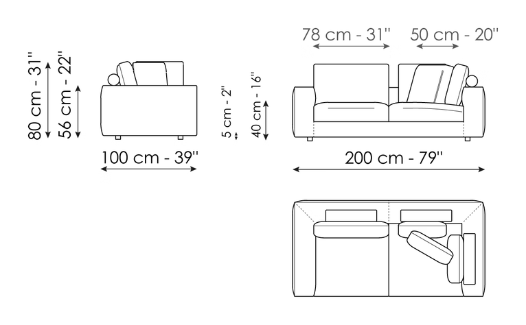 Superhiro Sofa by Bonaldo, size drawing: Corner sofa 200