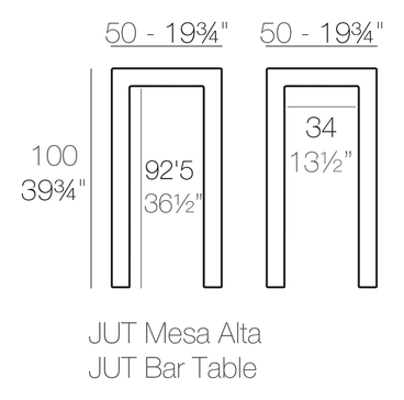 Jut Bar Table 50 × 50 × 100 by Vondom, size drawing