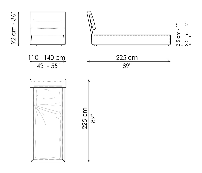 Campo Single Bed by Bonaldo, size drawing: Campo