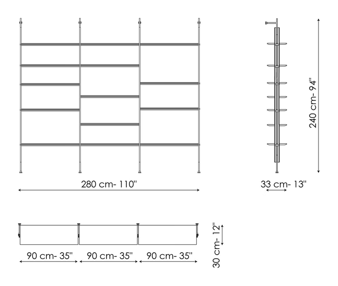 Roll Bookshelf by Bonaldo, size drawing: Wall fixing 3 modules