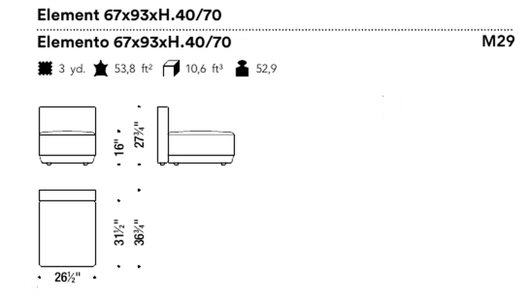 Bikini Island Modular Sofa by Moroso, size drawing: Element 67x93xH.40/70