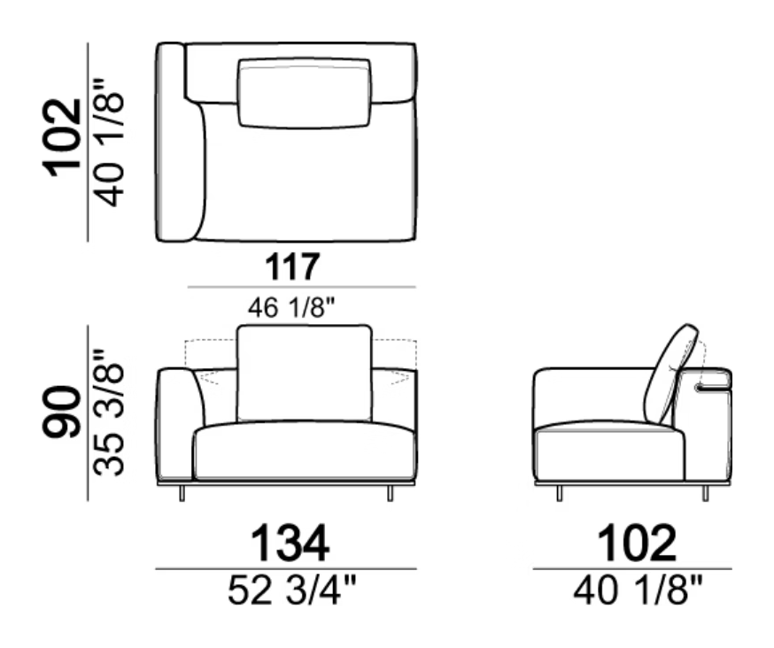Hackman Sofa by Arketipo, size drawing: Right or left unit