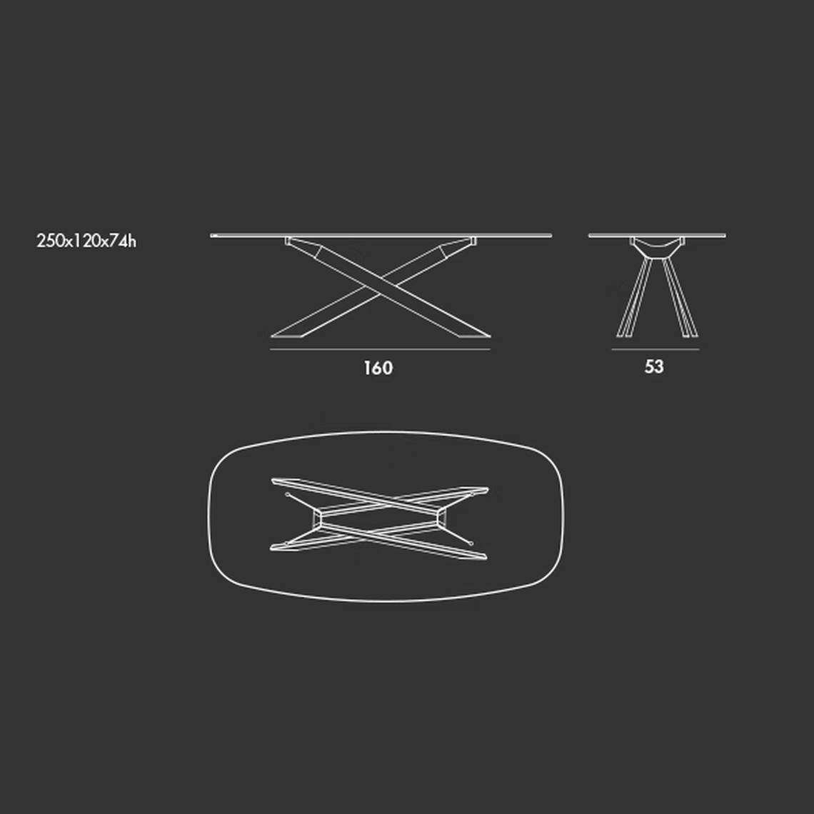 Cross Table by Sovet, size drawing: Shaped
