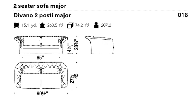 Bohemian Sofa by Moroso, size drawing: 2 seater sofa major