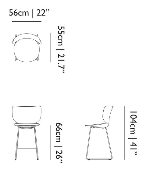 Hana Bar Stool Un-Upholstered Set of 2 by Moooi, size drawing: Low