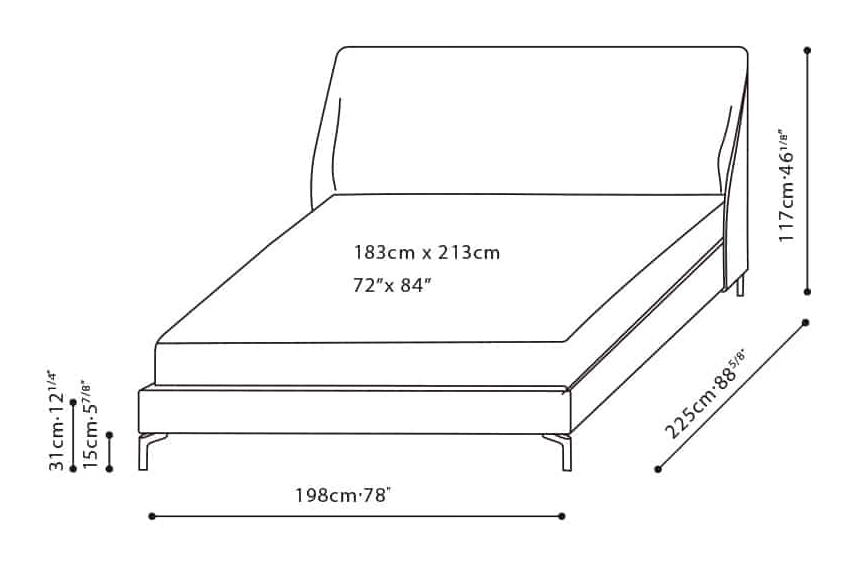 Melody Bed by Camerich, size drawing: CF3H0705