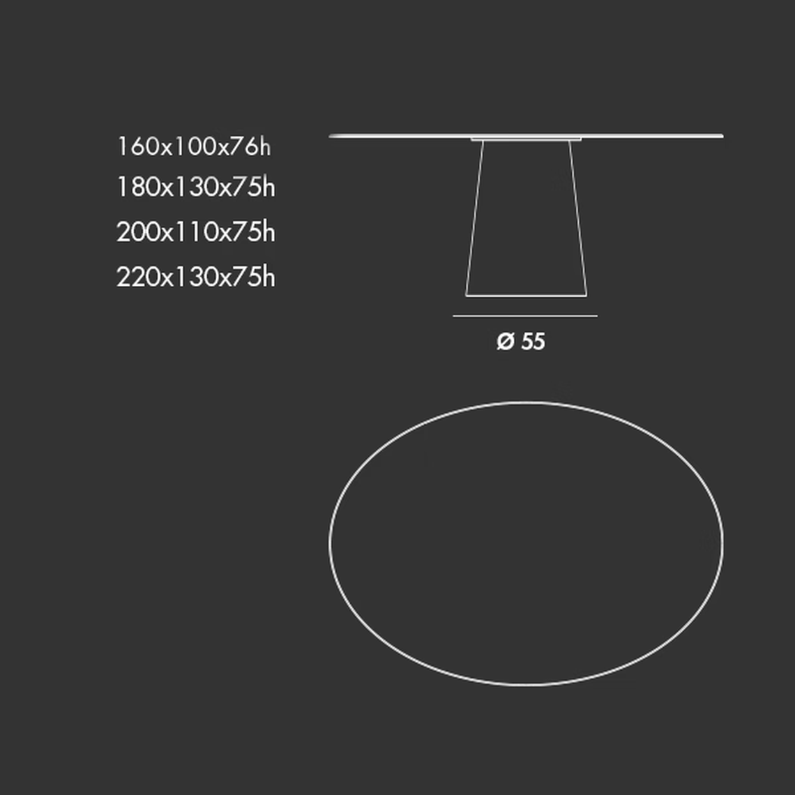 Totem Dining Table by Sovet, size drawing: Elliptical