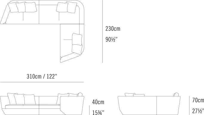 Aura Sectional by Bensen, size drawing: Aura Sectional Right