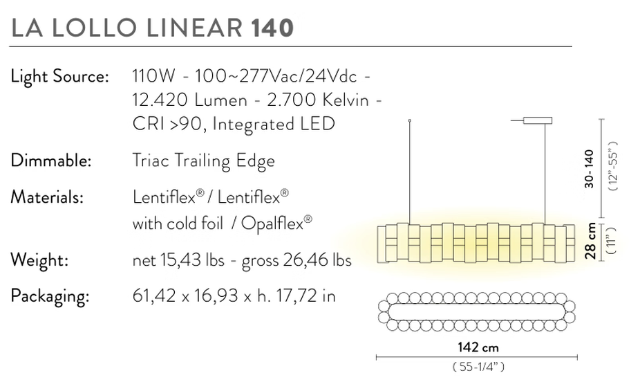 La Lollo Pendant Lamp by Slamp, size drawing: La Lollo Linear 140