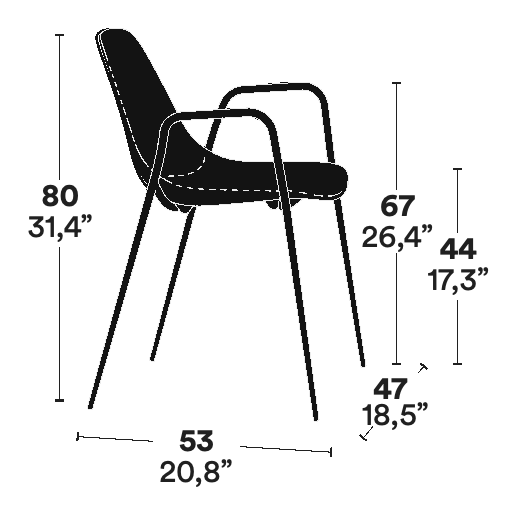 Mammamia Chair by Opinion Ciatti, size drawing: UPHOLSTERED WITH ARMRESTS, NON-STACKABLE