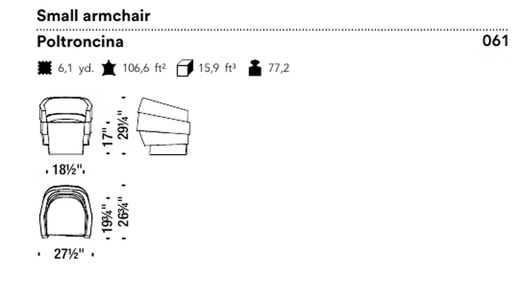 Rift Armchair by Moroso, size drawing: Small armchair