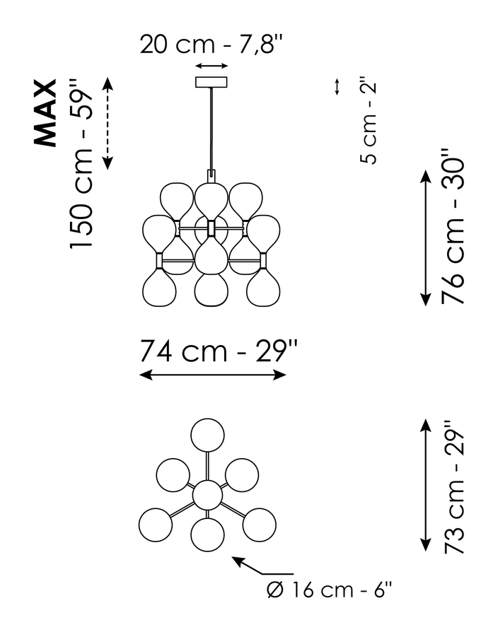 Sofì Pendant by Bonaldo, size drawing: 13 lights suspension