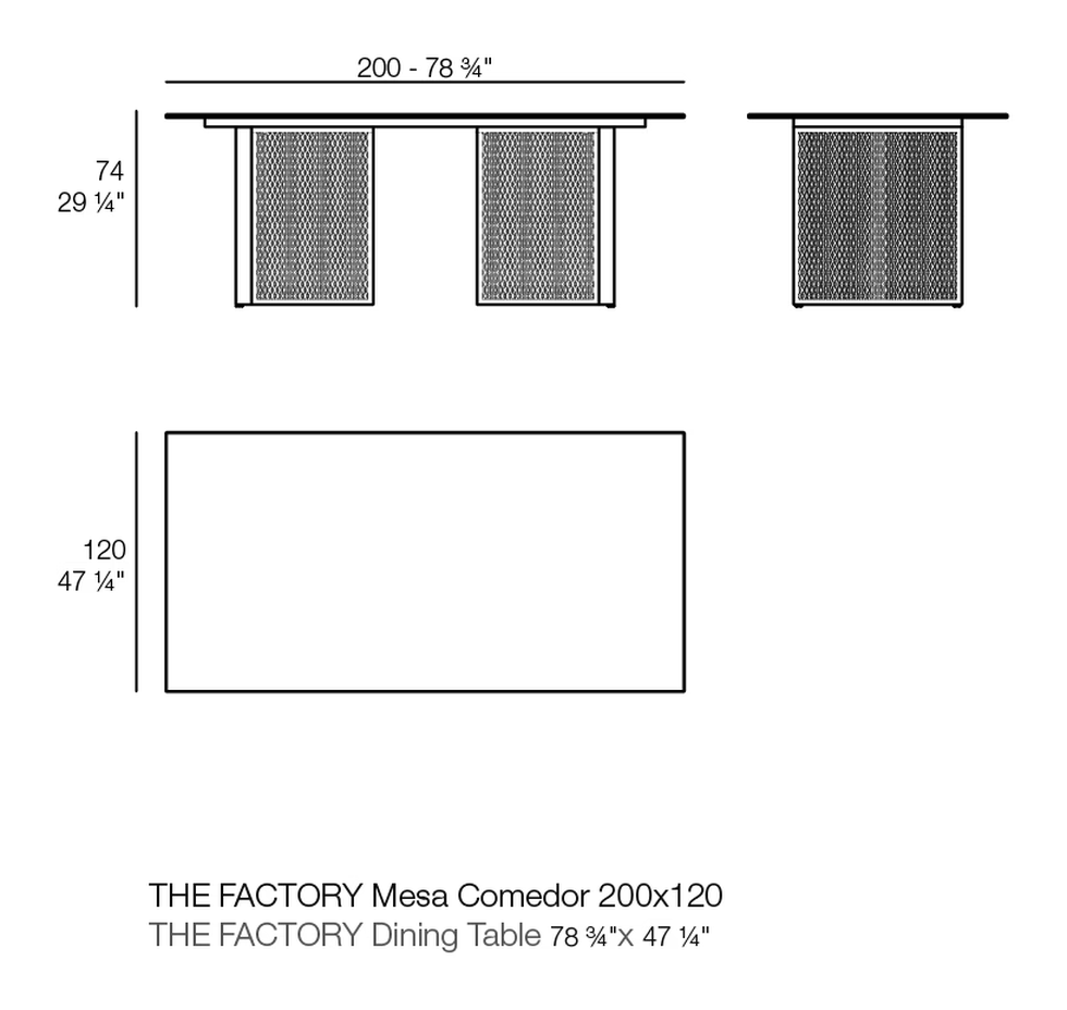 The Factory Dining Table by Vondom, size drawing