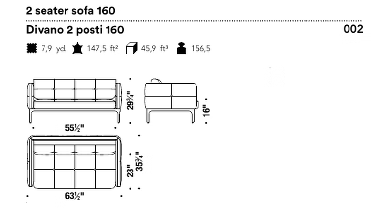 Modernista Sofa by Moroso, size drawing: 2 seater sofa 160