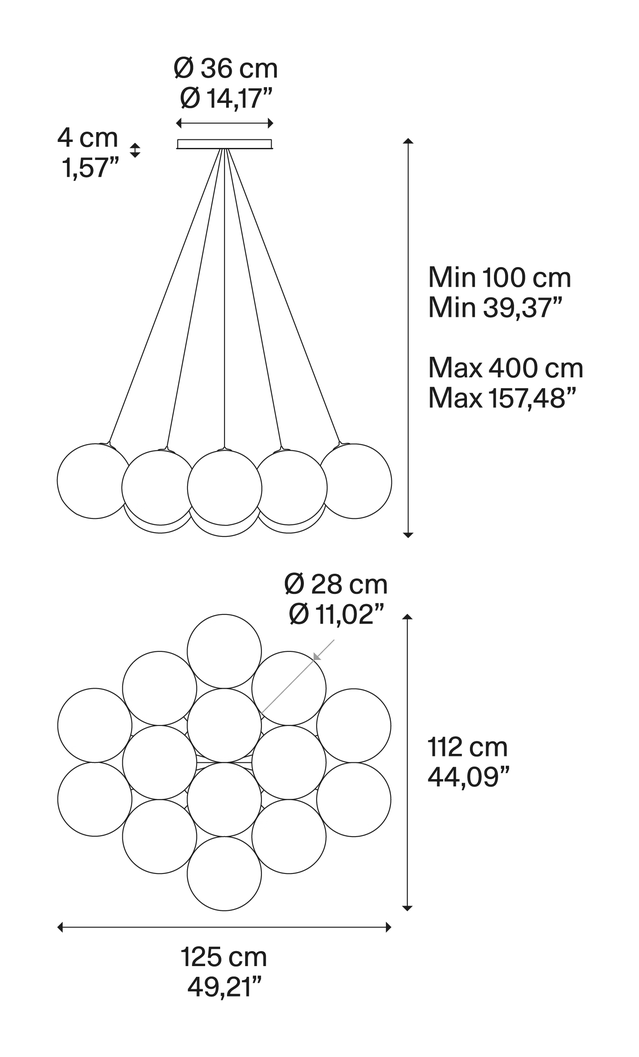 Random Cloud Pendant Lamp by Lodes, size drawing: Random Cloud 14 Lights Ø28