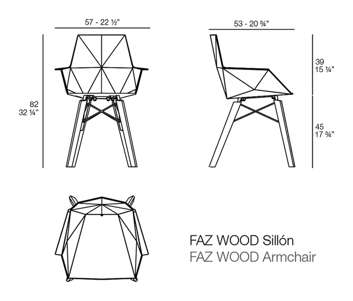 Faz Wood Chair by Vondom, size drawing