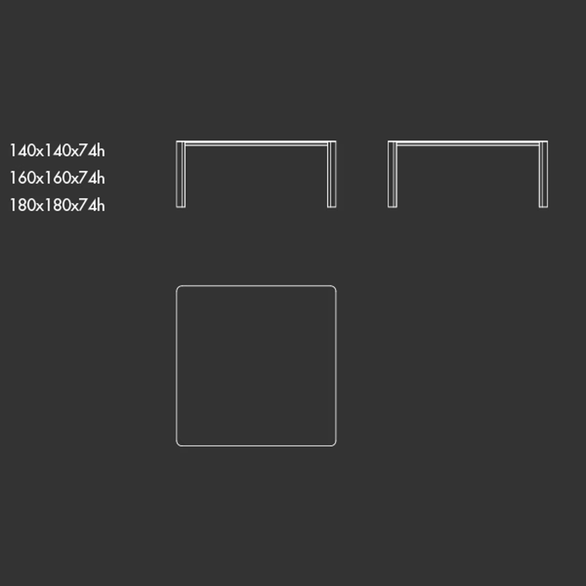 Kodo Indoor Dining Table by Sovet, size drawing: Square