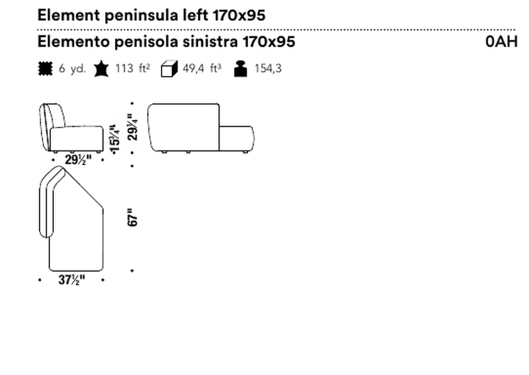 Chamfer Sofa by Moroso, size drawing: Element peninsula left 170x95